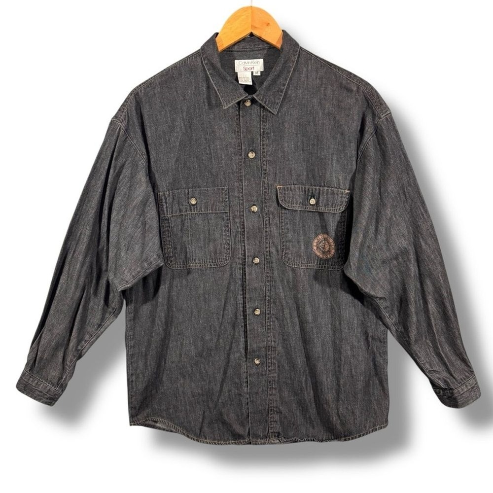 Vintage 90s Calvin Klein Sport Black Denim Cotton Button Down Shirt Mens Medium